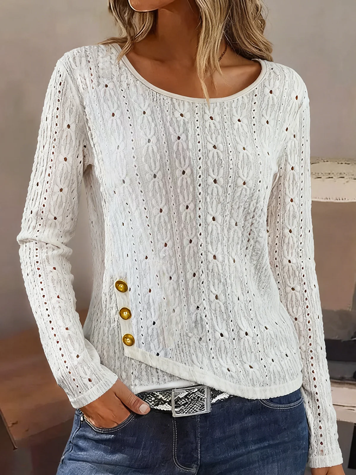 Elegant Plain Crew Neck Long Sleeve T-shirt