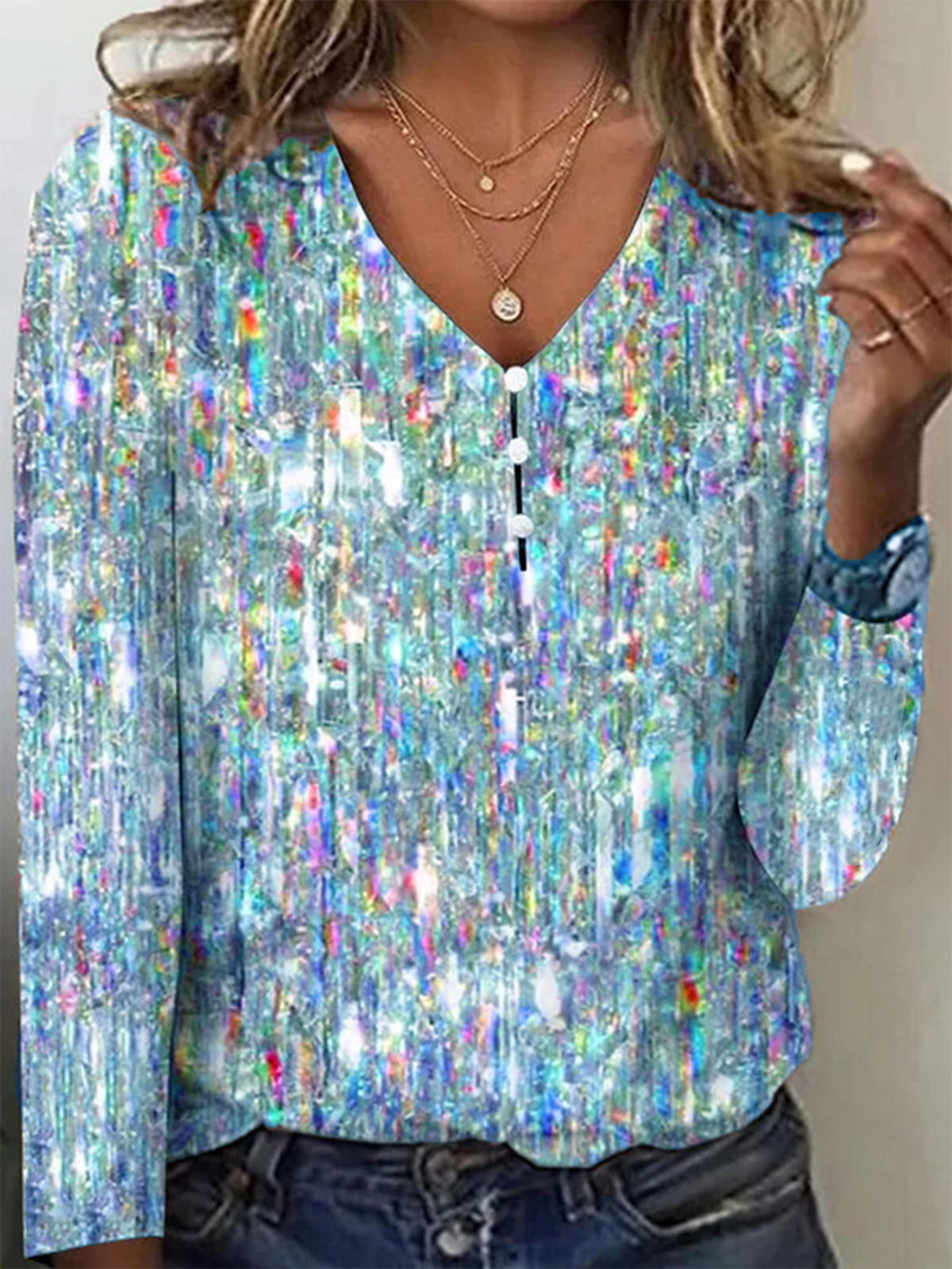 Vintage Geometric V Neck Long Sleeve T-shirt