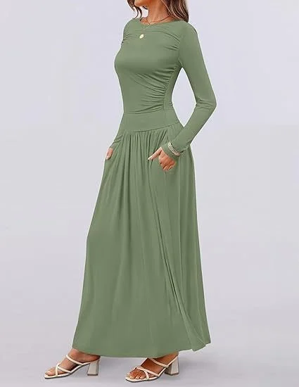 Women Plain Spring/Fall Dress Crew Neck Long Sleeve A-Line Dress