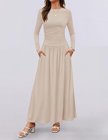 Women Plain Spring/Fall Dress Crew Neck Long Sleeve A-Line Dress