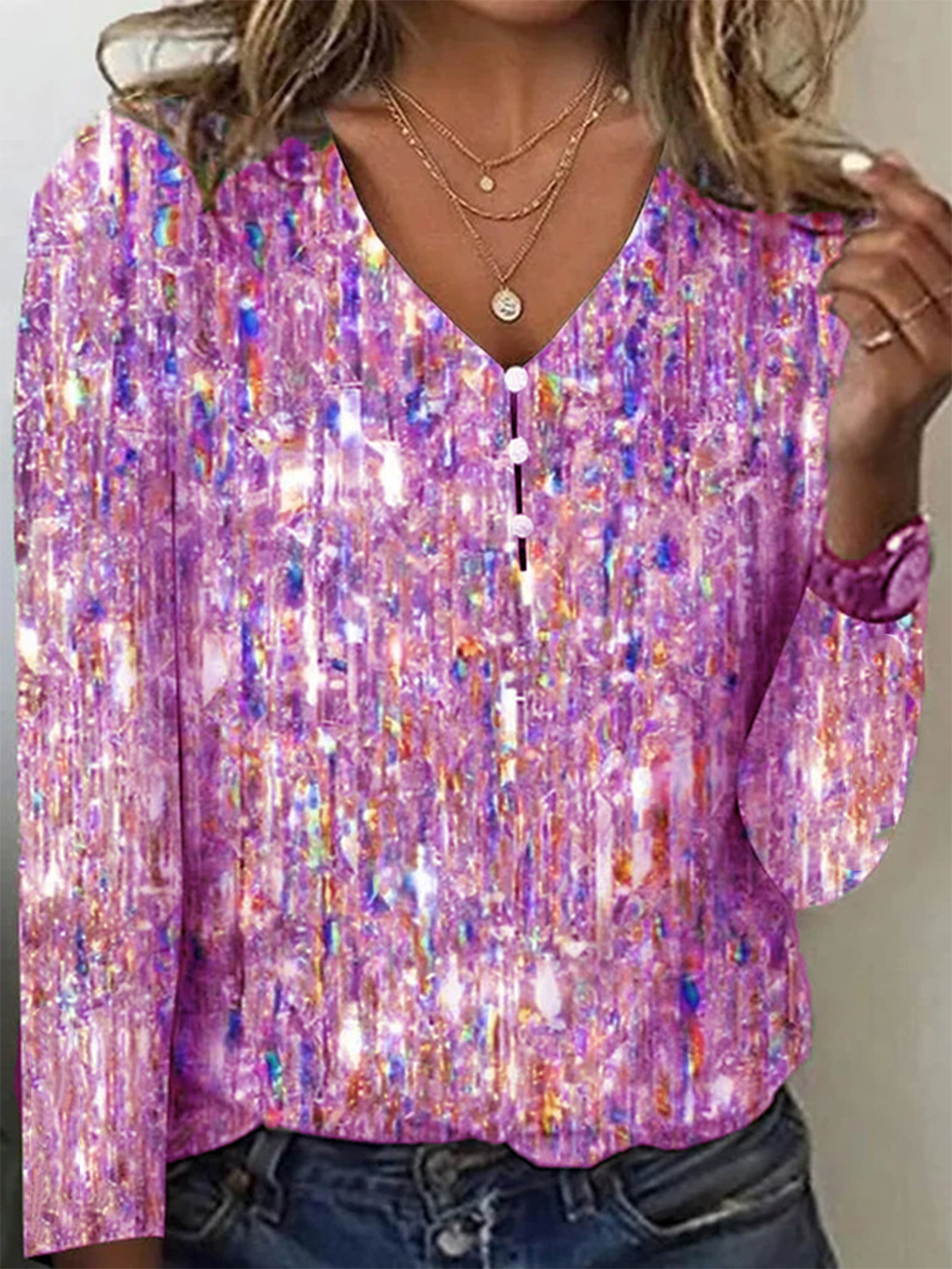 Vintage Geometric V Neck Long Sleeve T-shirt