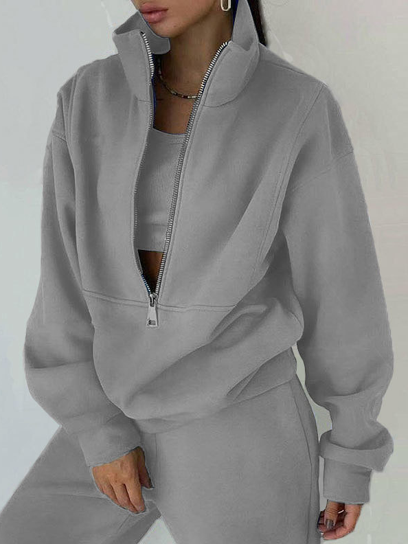 Women Plain Two-Piece Set Daily Long Sleeve Casual Spring/Fall Top With Pants Matching Set