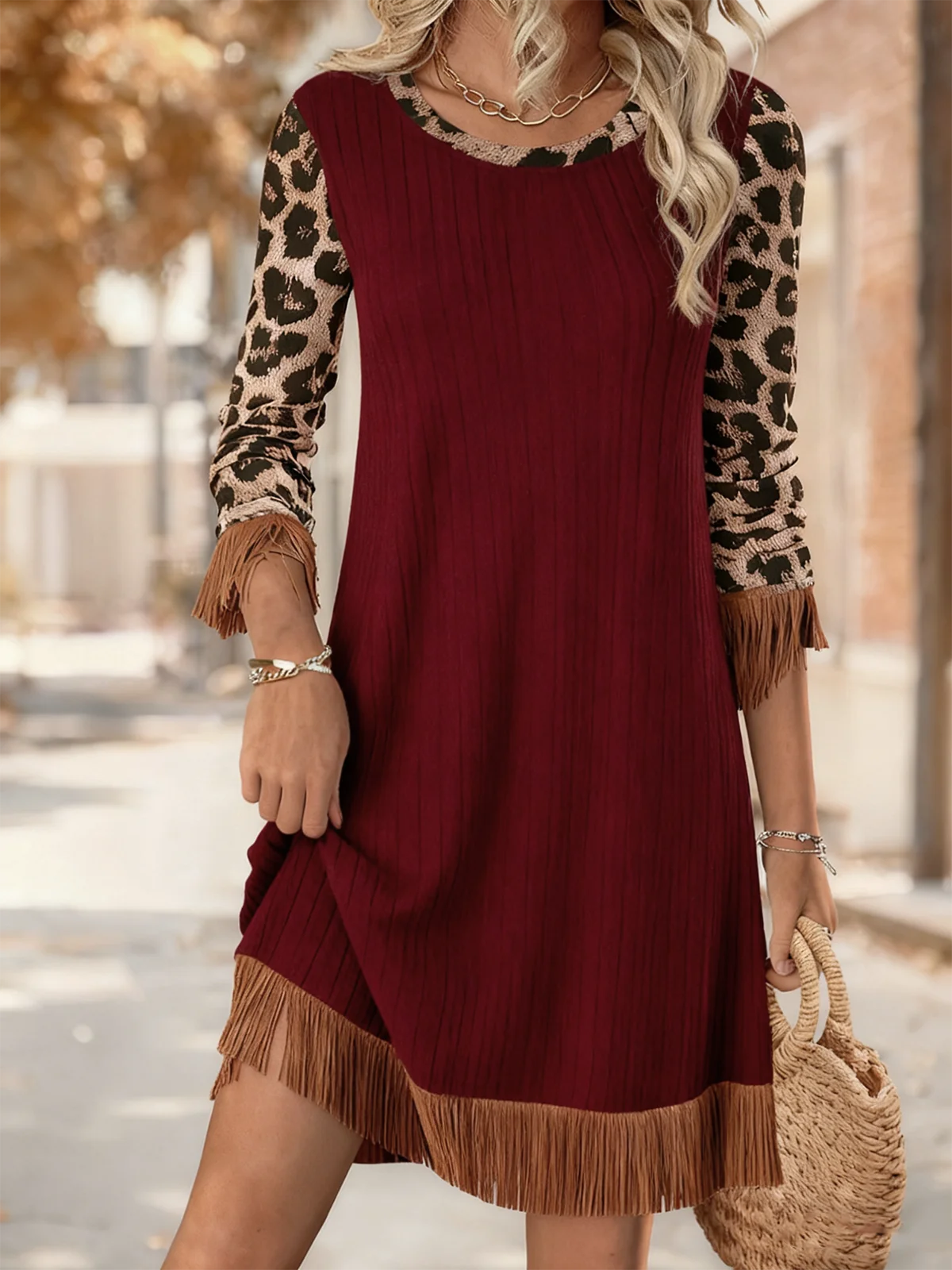 Women Leopard Spring/Fall Tassel Dress Crew Neck Long Sleeve H-Line Dress