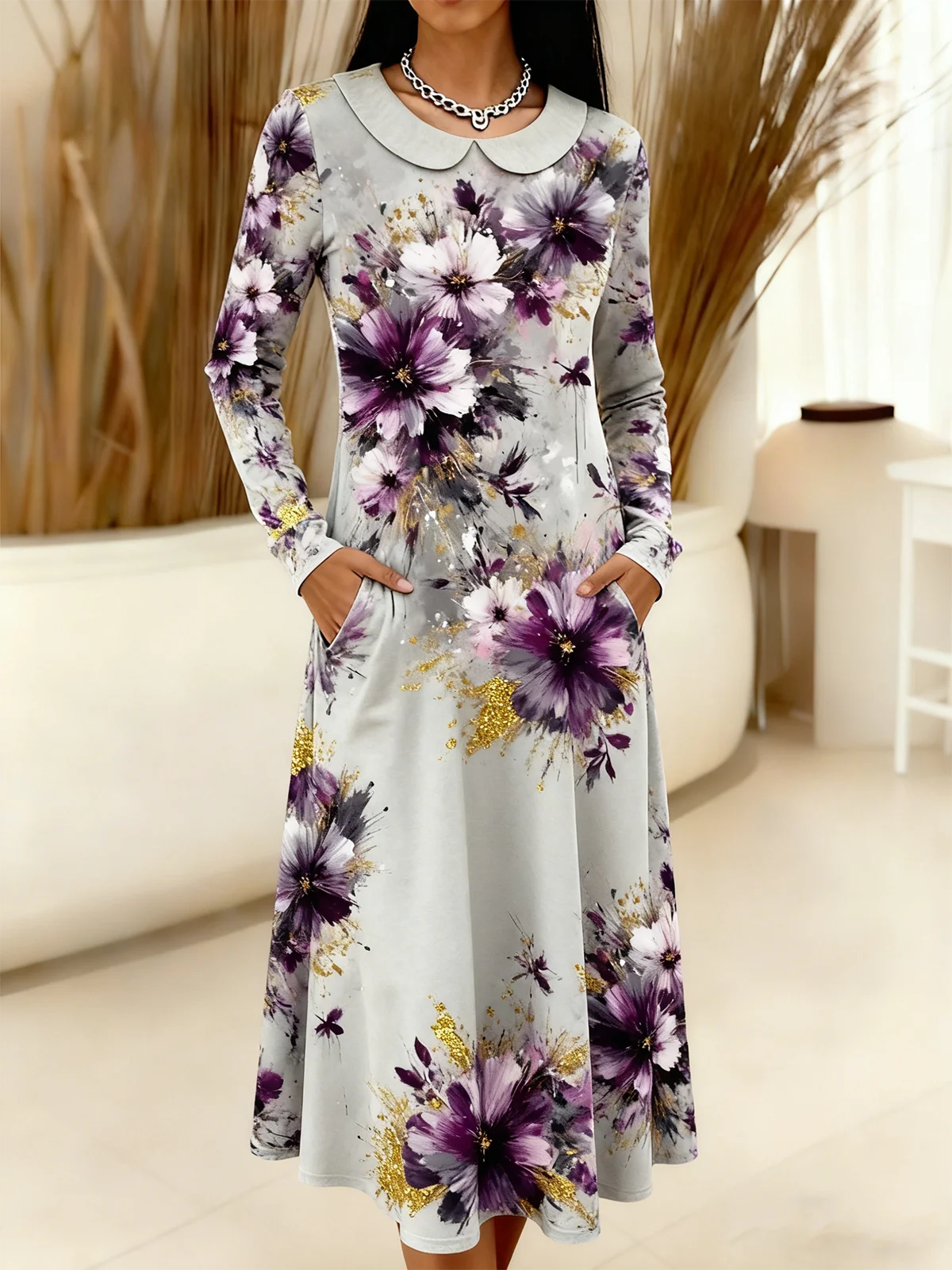Women Floral Spring/Fall Dress Sweetheart Neckline Long Sleeve A-Line Dress