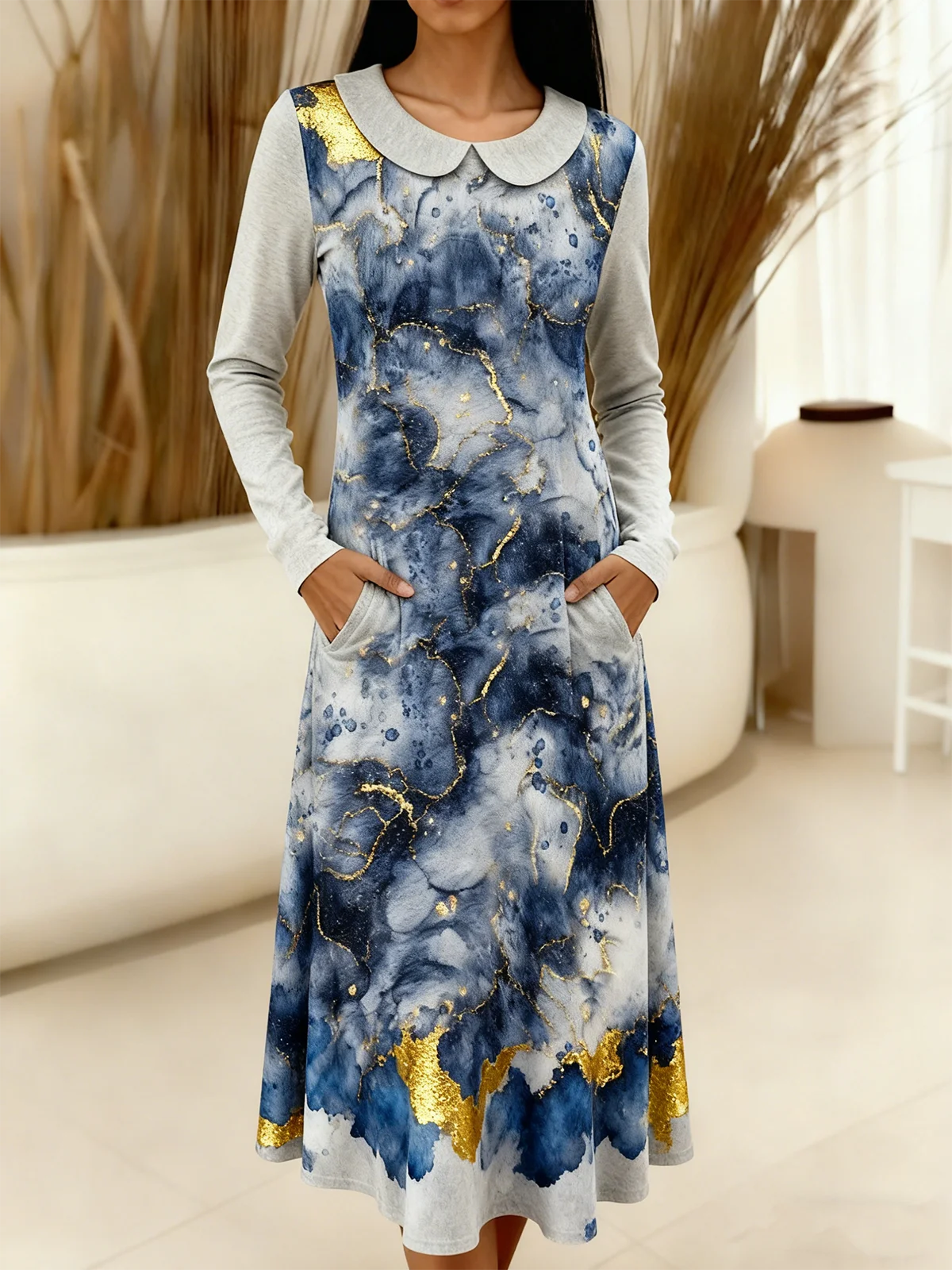 Women Floral Spring/Fall Dress Sweetheart Neckline Long Sleeve A-Line Dress