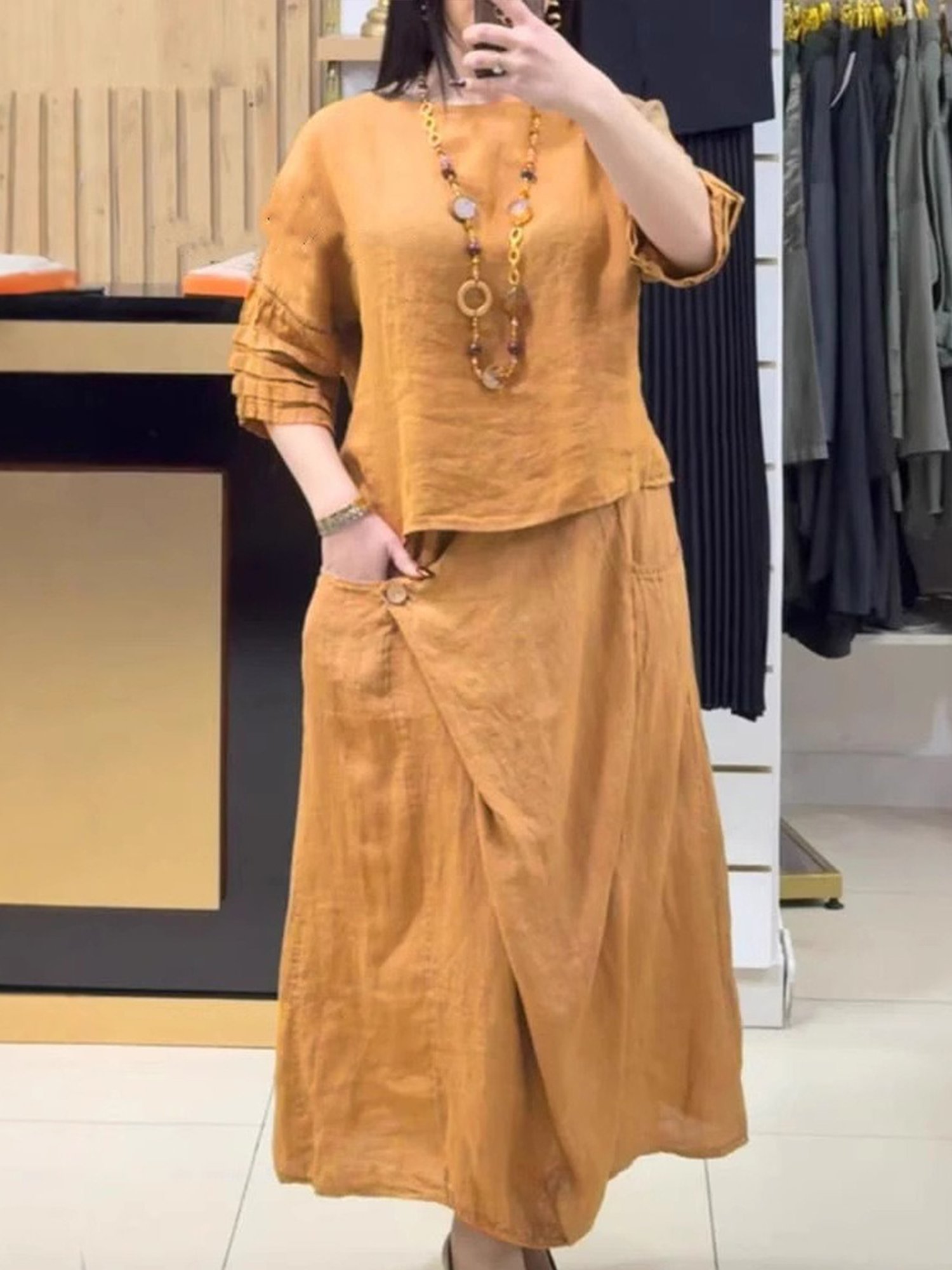 Women Plain Two-Piece Set Daily Three Quarter Sleeve Casual Spring/Fall Top With Skirt Matching Set