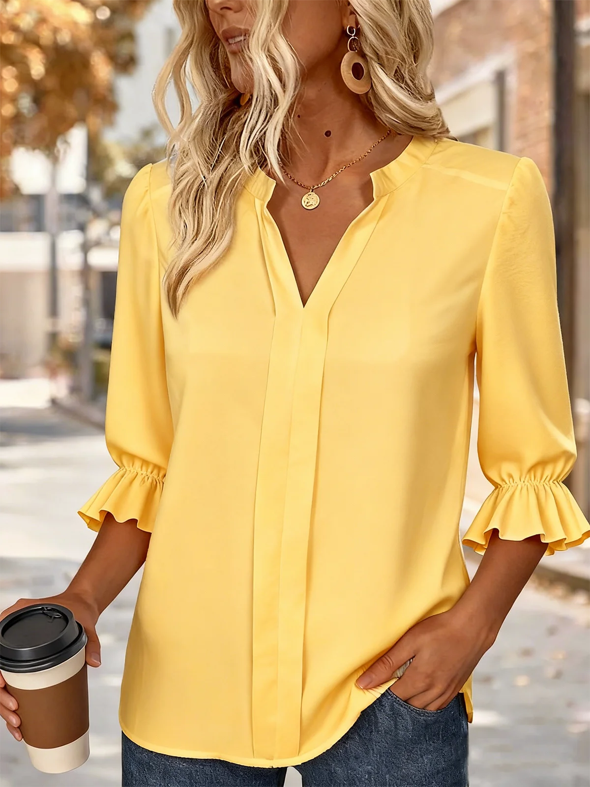 V Neck Half Sleeve Plain Regular Regular Fit Shirt For Women