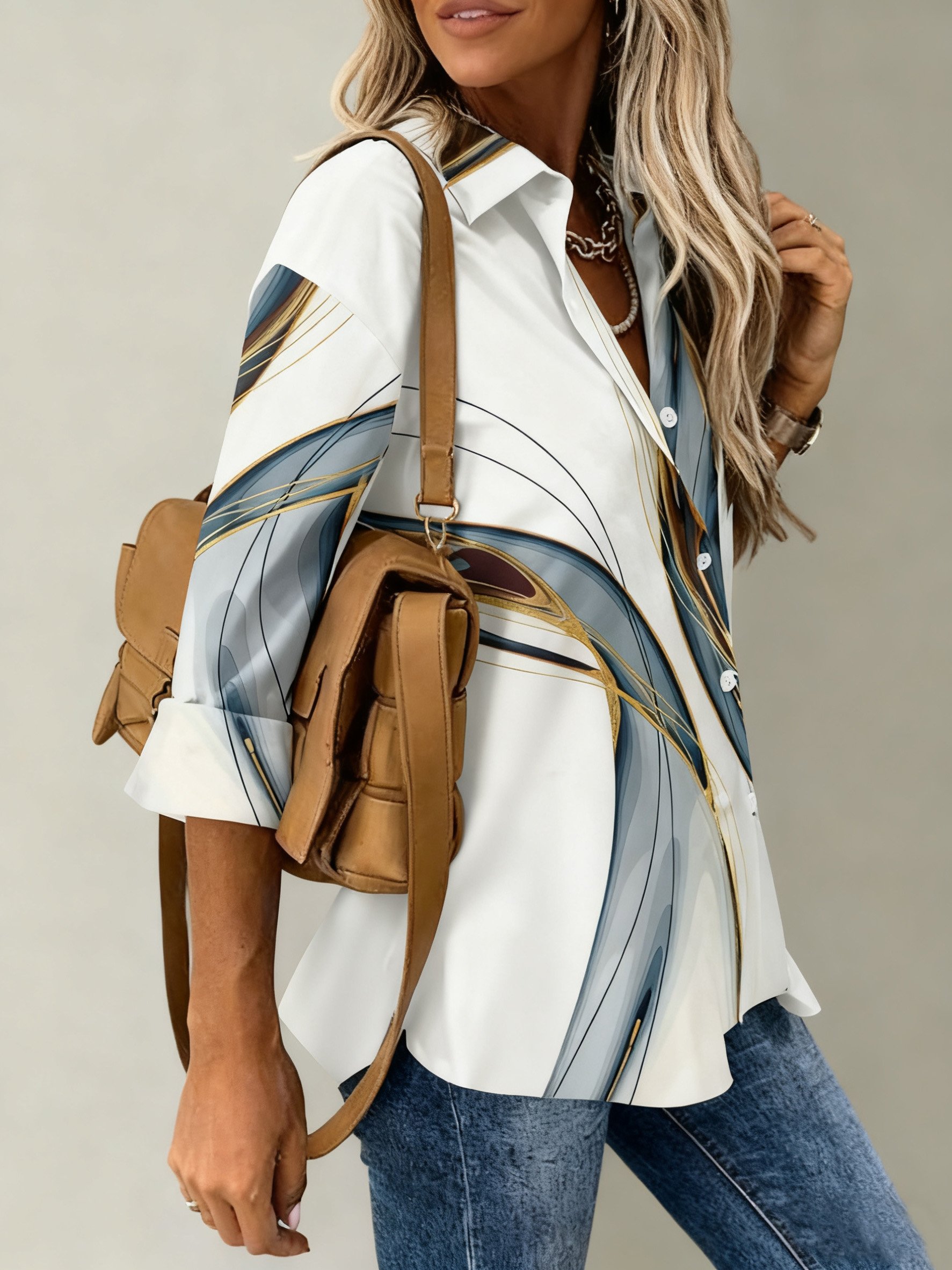 Shawl Collar Long Sleeve Geometric Regular Micro-Elasticity Loose Shirt For Women