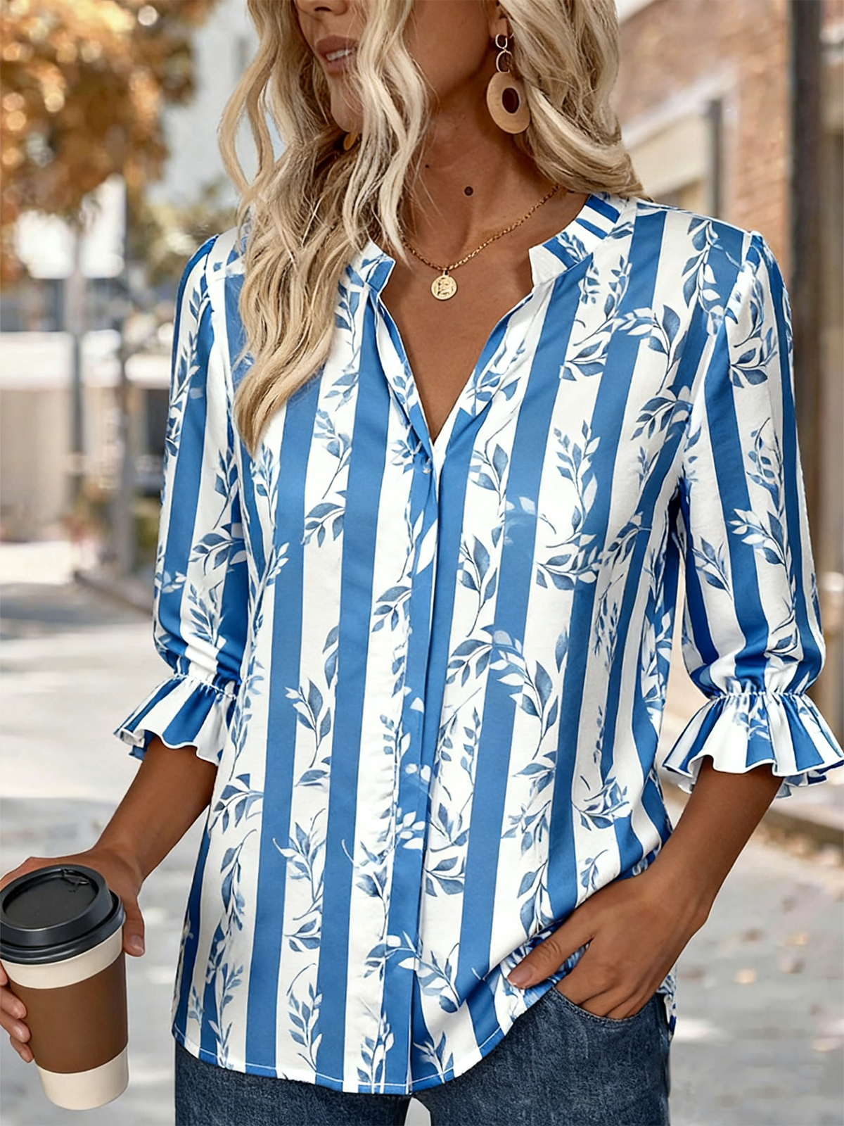 V Neck Half Sleeve Geometric Regular Regular Fit Shirt For Women