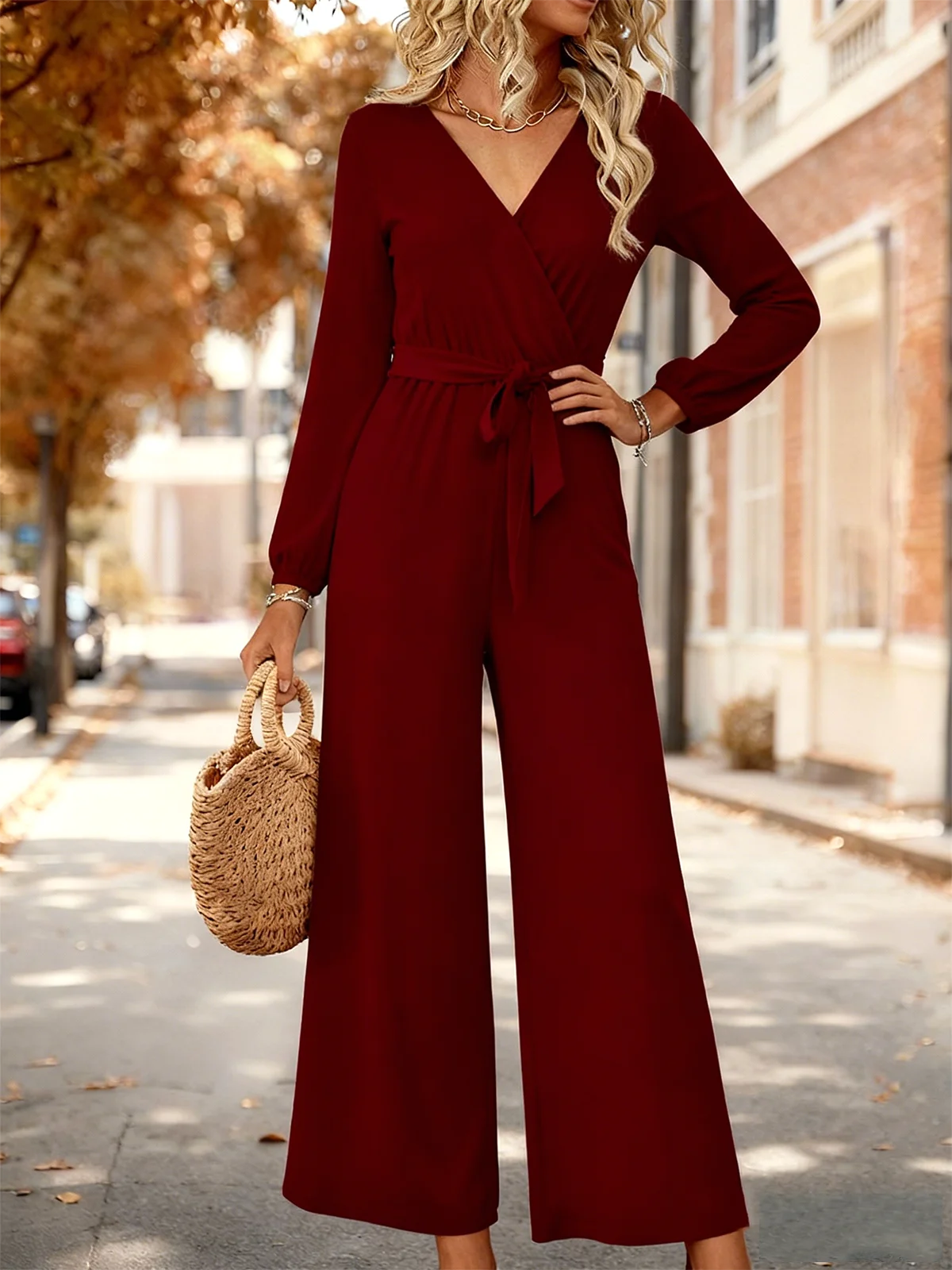 Women Plain V Neck Long Sleeve Elegant Spring/Fall Jumpsuit