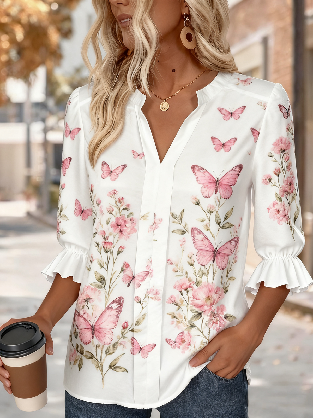 V Neck Half Sleeve Floral Regular Regular Fit Shirt For Women