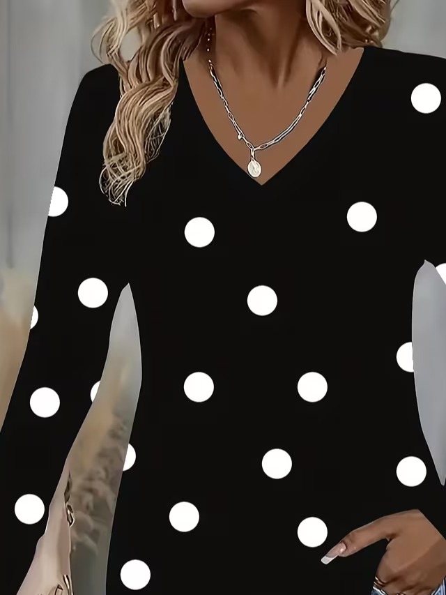 Casual Polka Dots V Neck Long Sleeve T-shirt