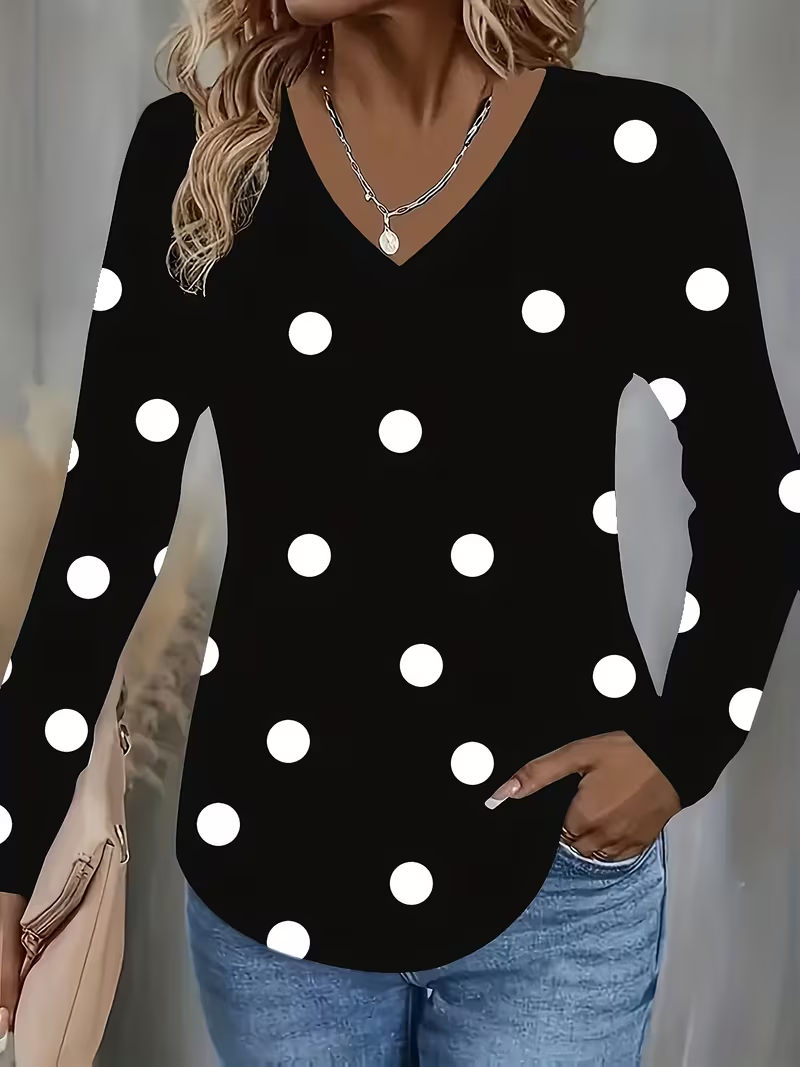 Casual Polka Dots V Neck Long Sleeve T-shirt