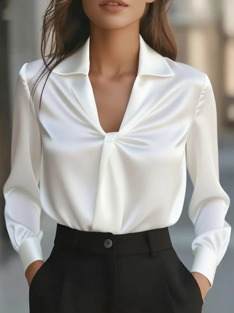 Shawl Collar Long Sleeve Plain Split Joint Regular Micro-Elasticity Loose Tunic Shirt For Women