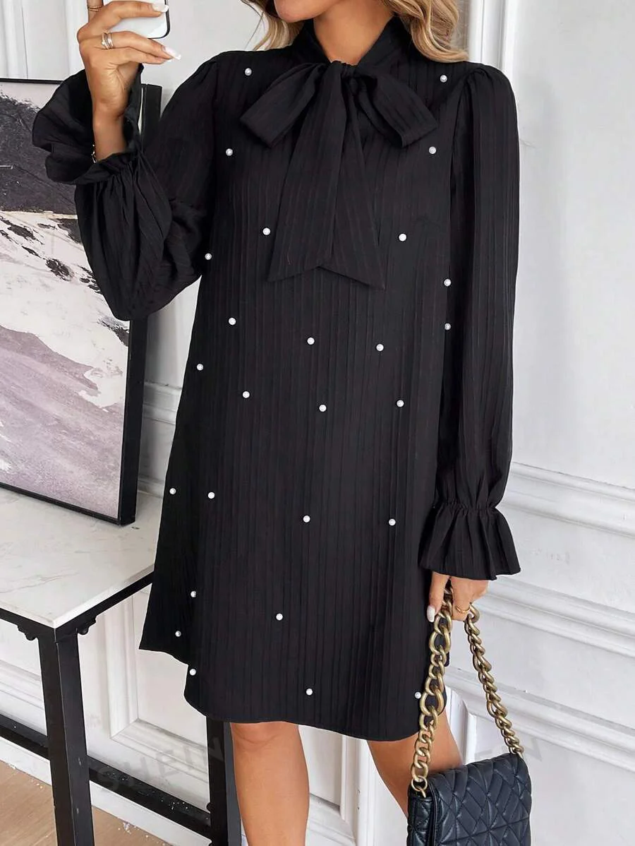 Women Plain Spring/Fall Beaded Dress Lotus Leaf Collar Long Sleeve Fit & Flare Dress A-Line Dress