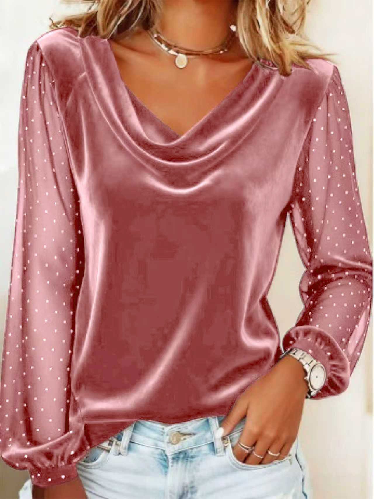 Casual Polka Dots V Neck Long Sleeve T-shirt