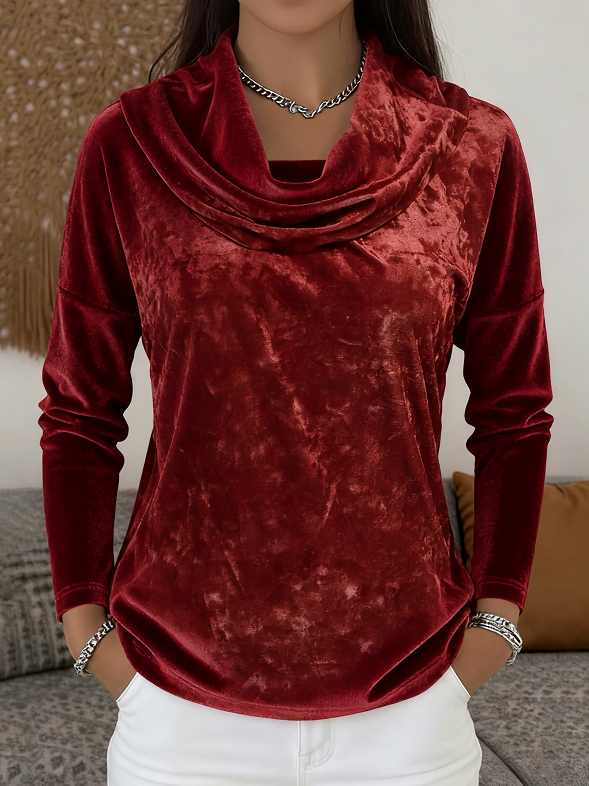 Casual Plain Cowl Neck Long Sleeve T-shirt
