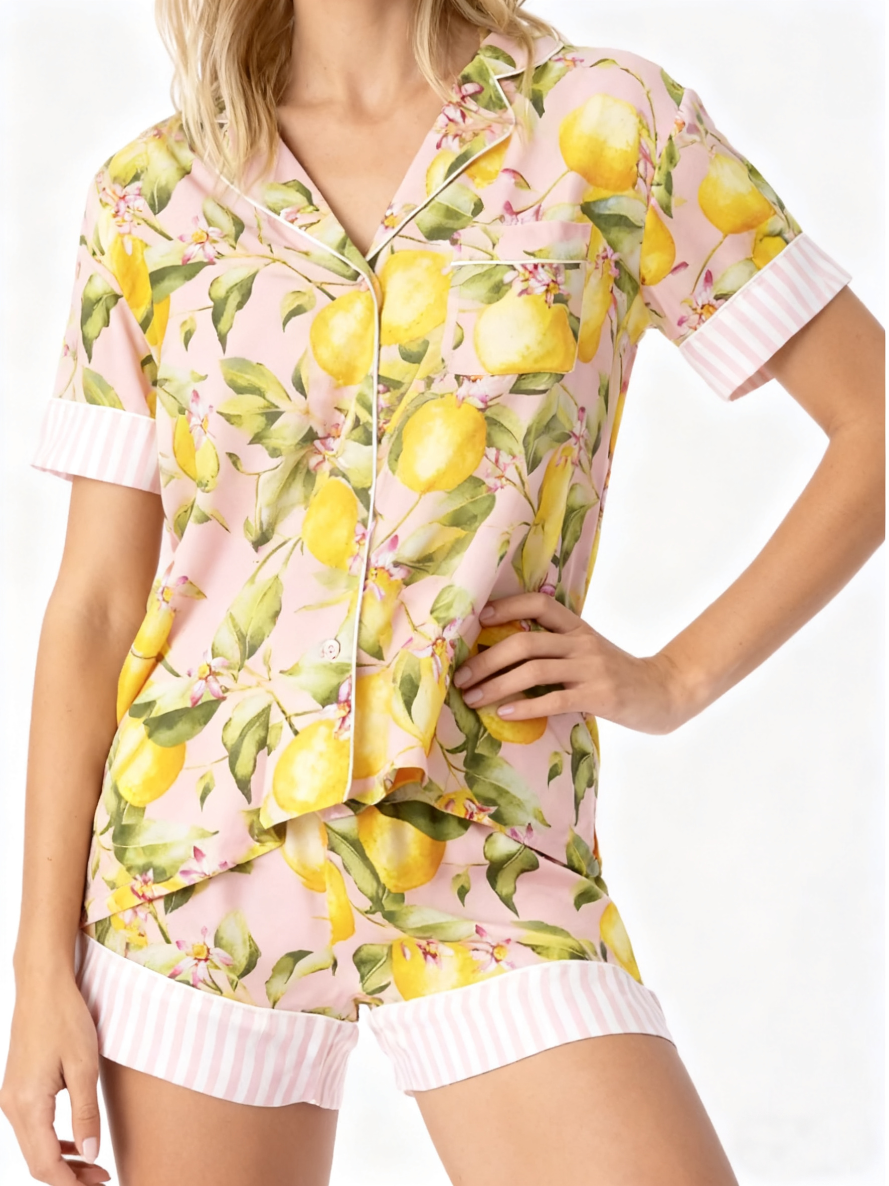Lapel Collar Casual Lemon Loose Fit Pajama Set