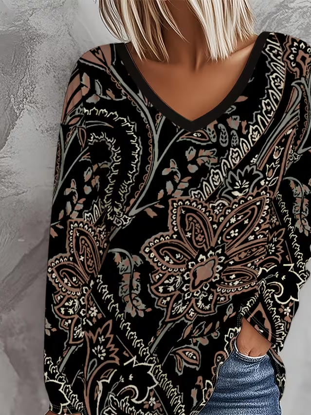Casual Floral V Neck Long Sleeve T-shirt