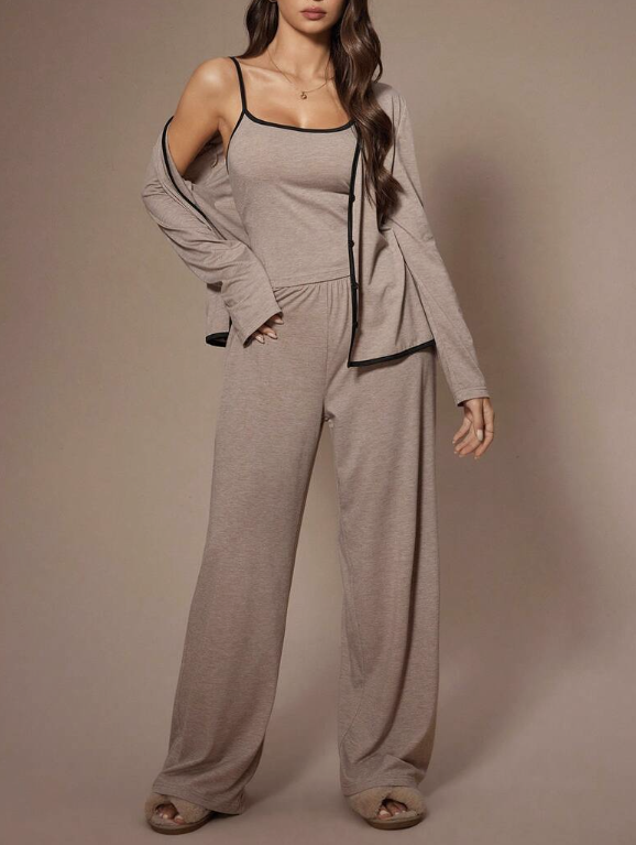 3pcs Women Casual Solid Color Fitted Long Sleeve Robe, Camisole Top And Pants Loungewear Set