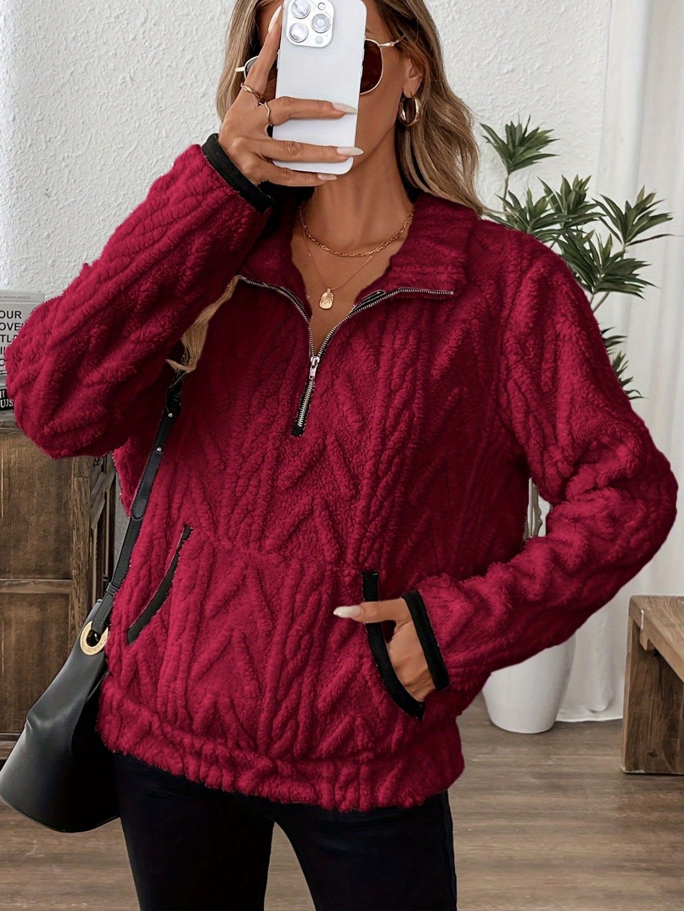 Casual Stand Collar Plain Sweatshirt Jacquard