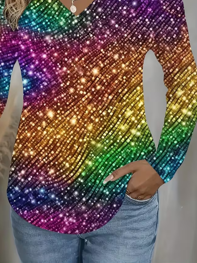 Casual Abstract V Neck Long Sleeve T-shirt