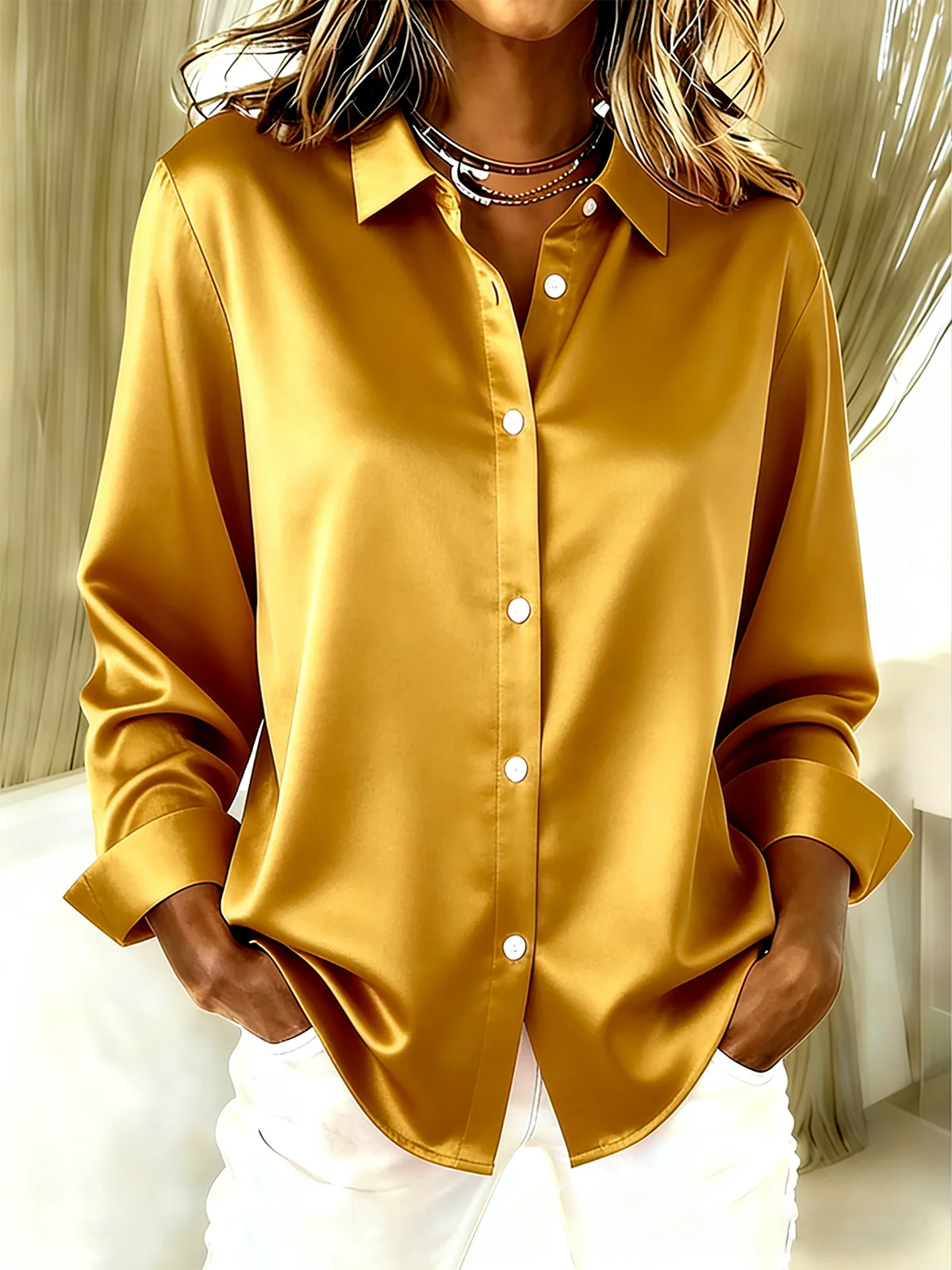 Shirt Collar Long Sleeve Plain Regular Loose Shirt For Women