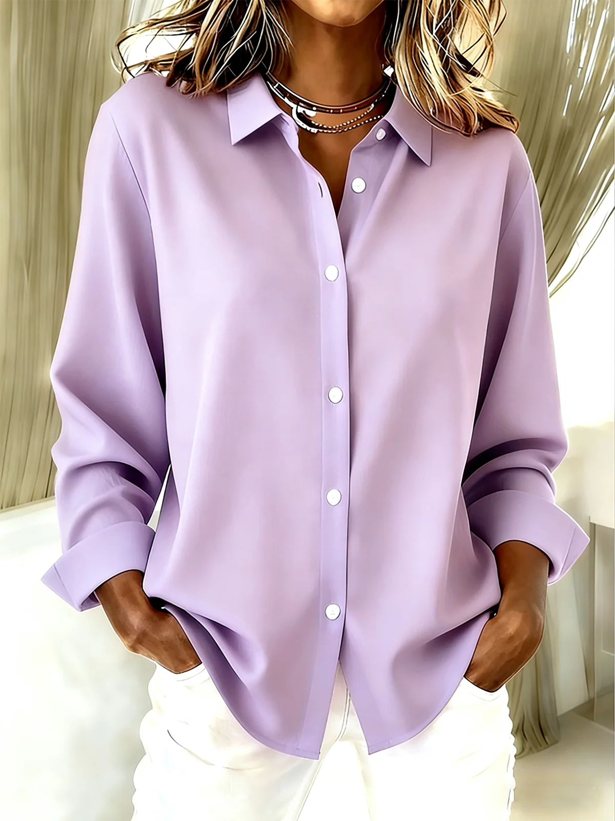 Shirt Collar Long Sleeve Plain Regular Loose Shirt For Women