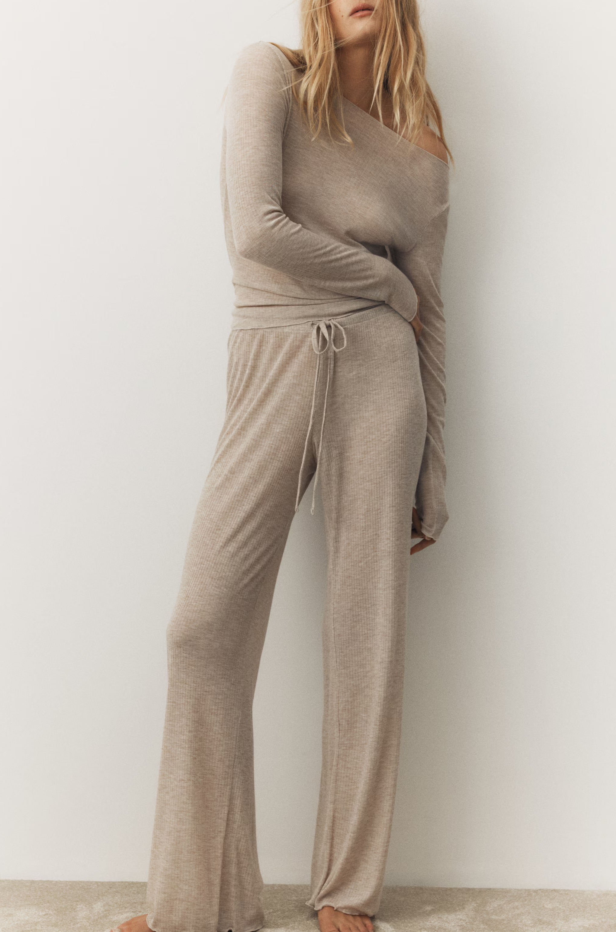 Ribbed Casual Boat Neck Pajamas Set