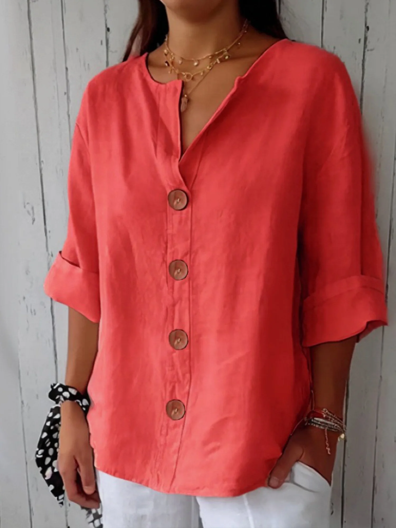 Crew Neck Long Sleeve Plain Buttoned Regular Loose Shirt For Women