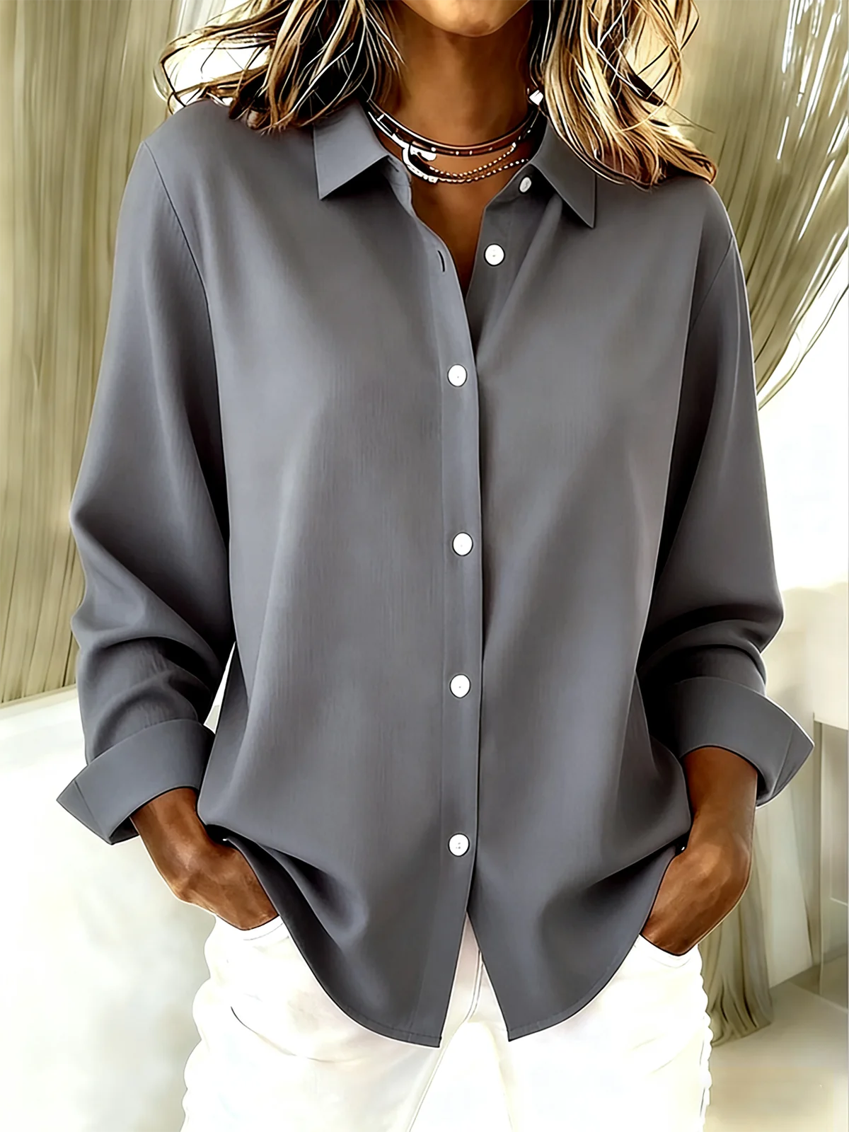 Shirt Collar Long Sleeve Plain Regular Loose Shirt For Women