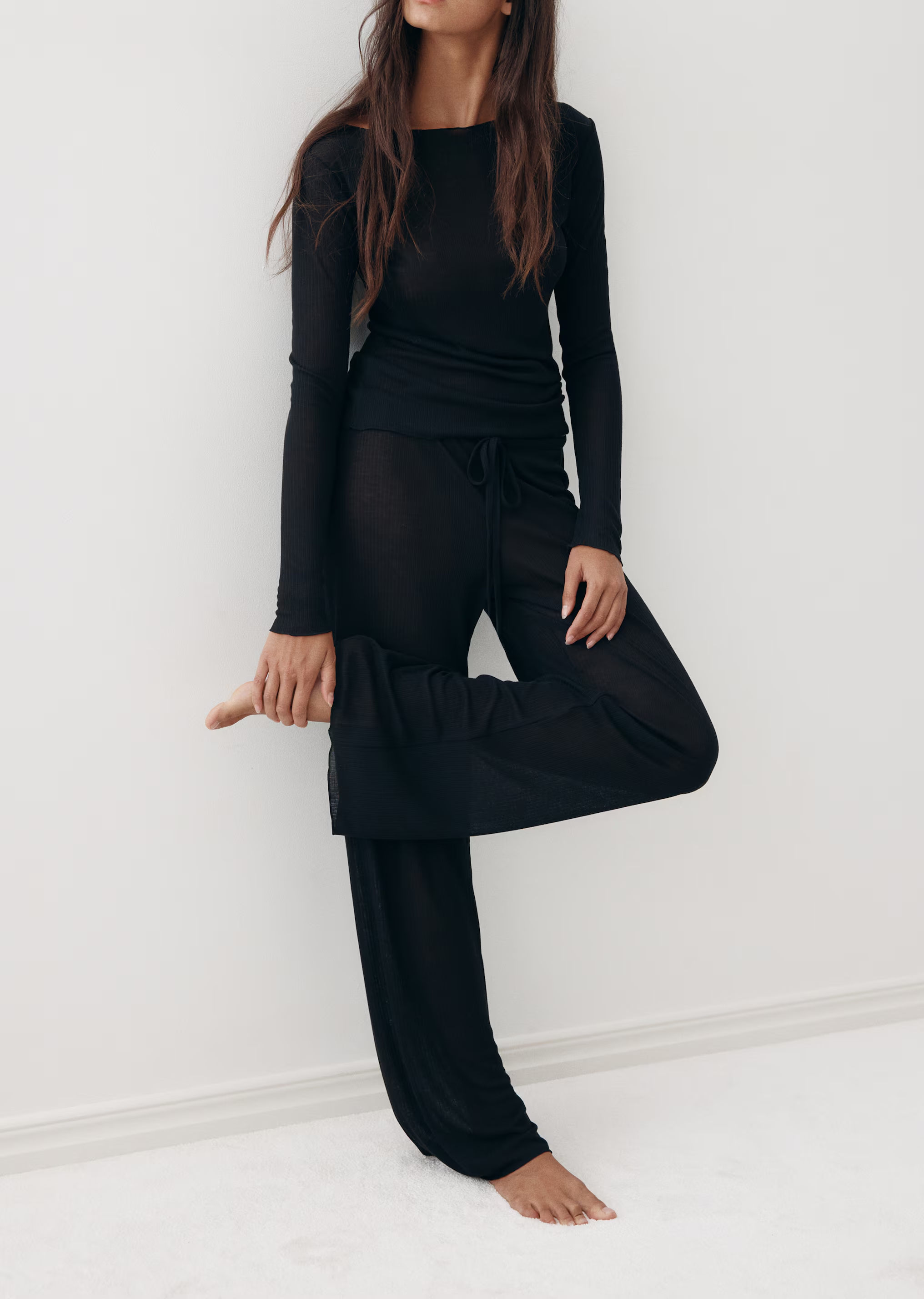 Ribbed Casual Boat Neck Pajamas Set