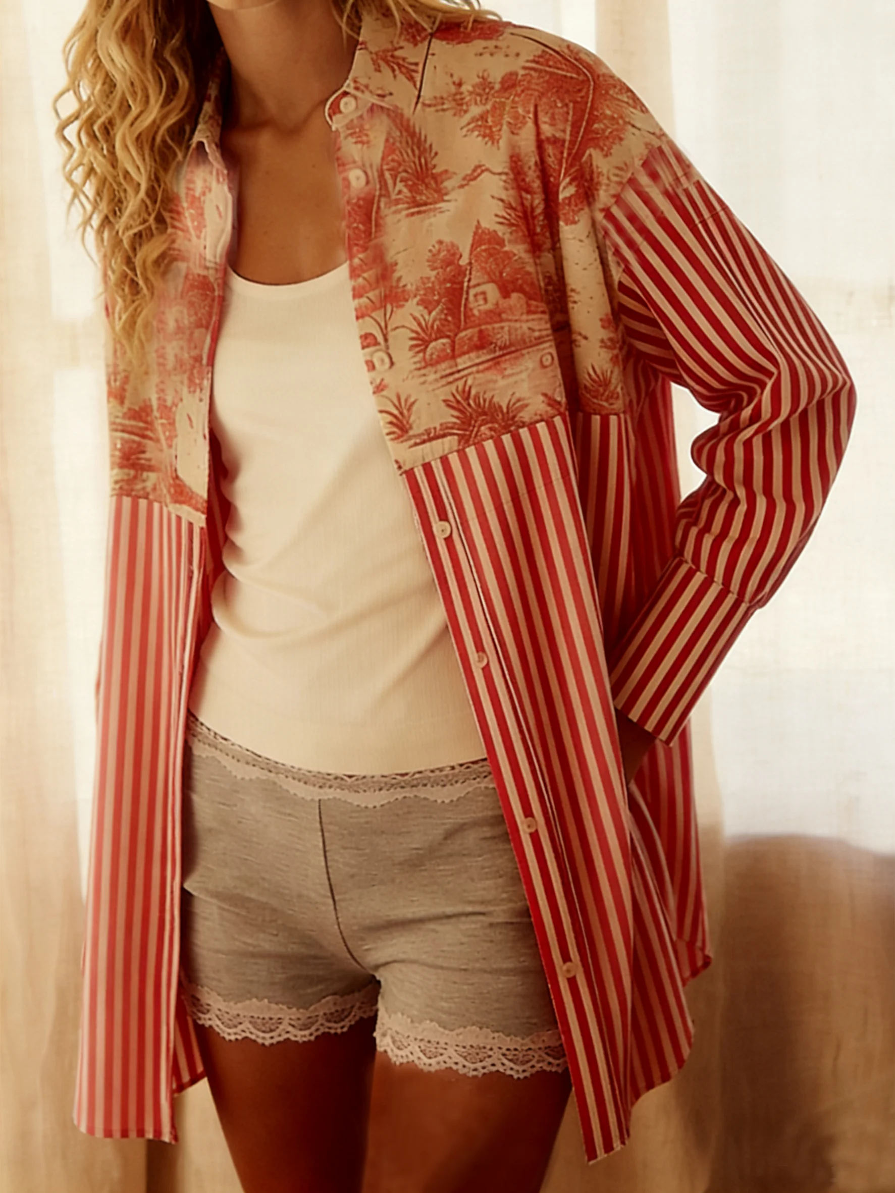 Loose Fit Casual Floral Stripe Room Service Shirt