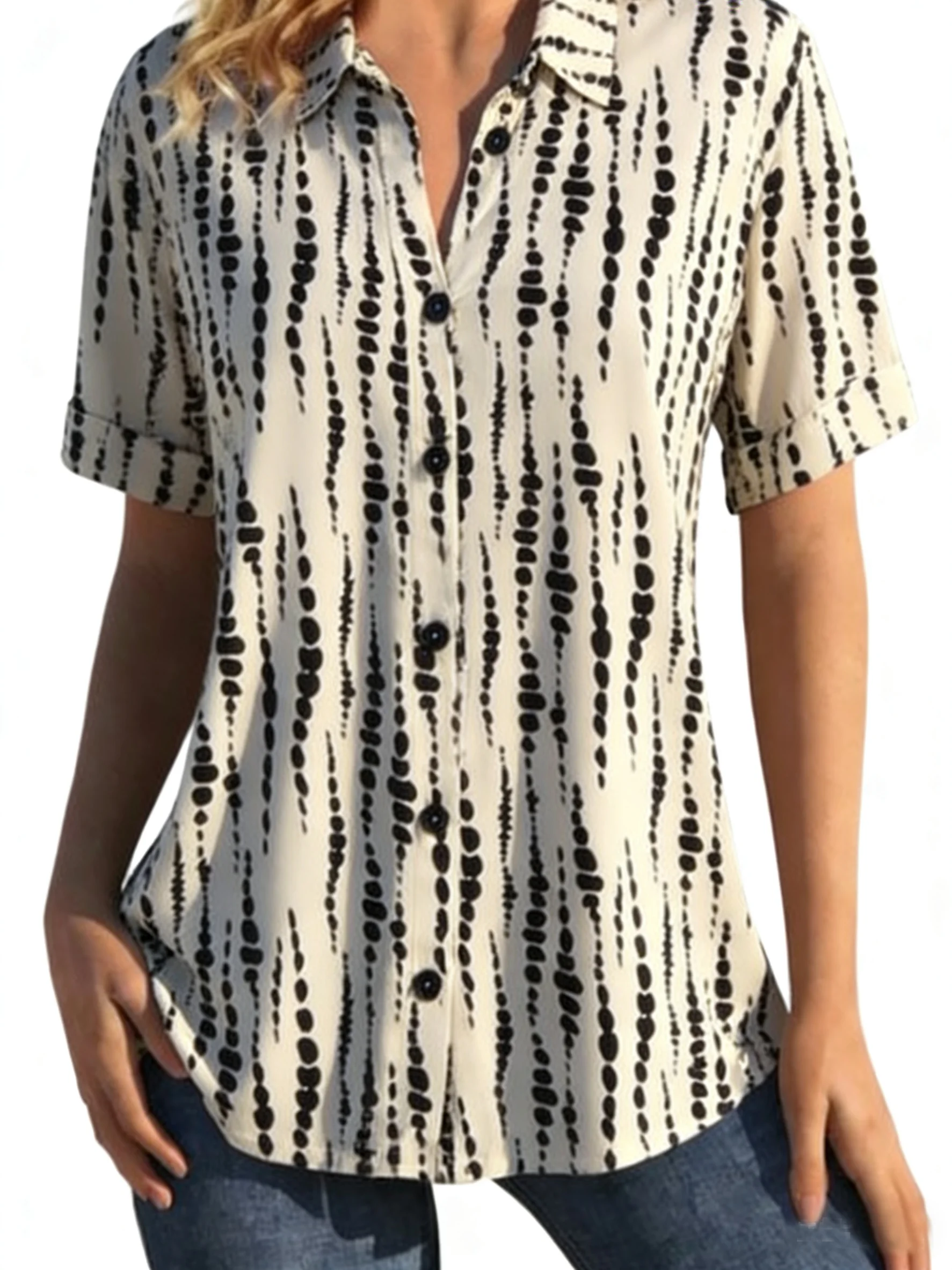 Shawl Collar Short Sleeve Polka Dots Regular Loose Shirt For Women