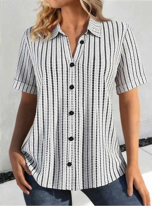 Shawl Collar Short Sleeve Polka Dots Regular Loose Shirt For Women