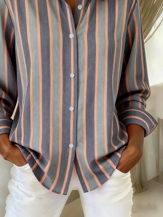 Shirt Collar Regular Sleeve Long Sleeve Striped Buckle Regular Loose Button Up Shirt Shirt For Women