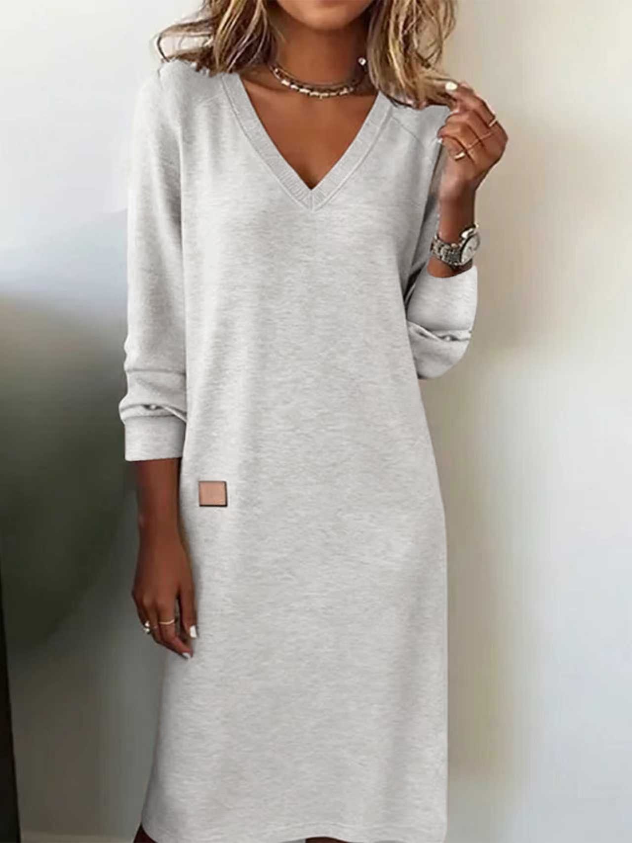 Women Plain Spring/Fall Split Joint Dress V Neck Long Sleeve T-Shirt Dress A-Line Dress