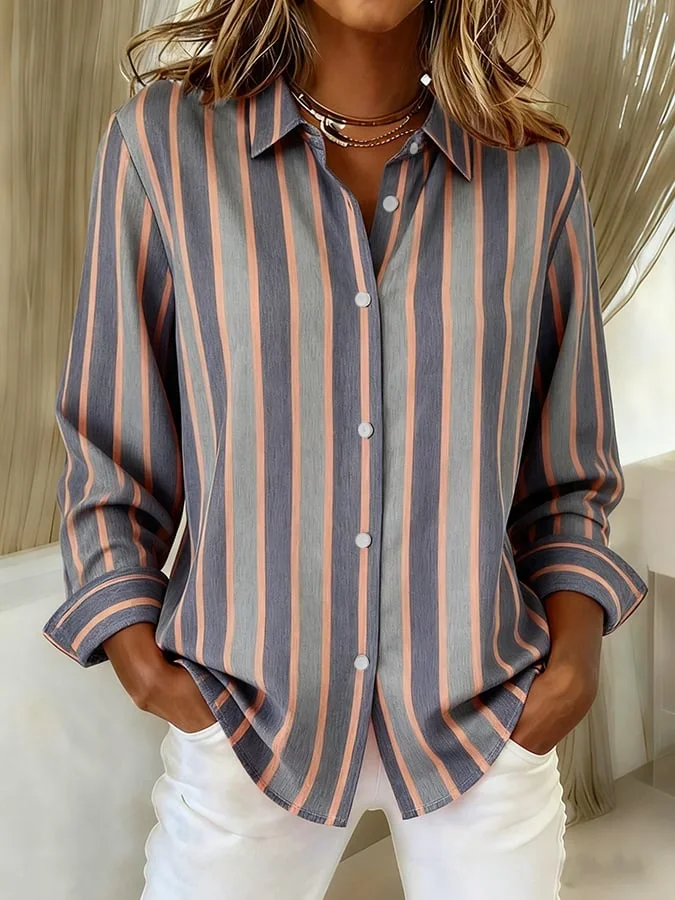 Shirt Collar Regular Sleeve Long Sleeve Striped Buckle Regular Loose Button Up Shirt Shirt For Women