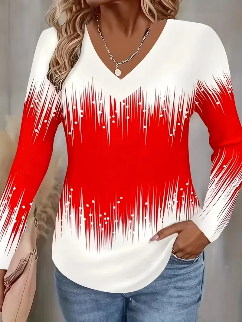 Casual Abstract V Neck Long Sleeve T-shirt