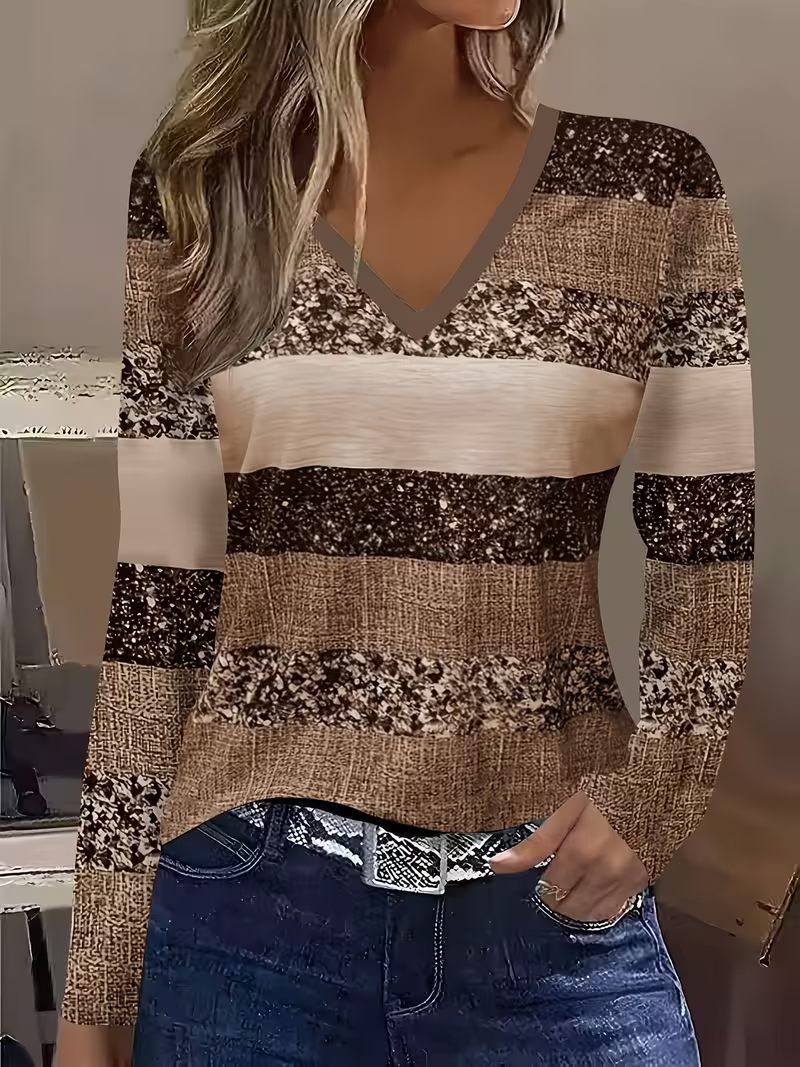 Casual Abstract V Neck Long Sleeve T-shirt