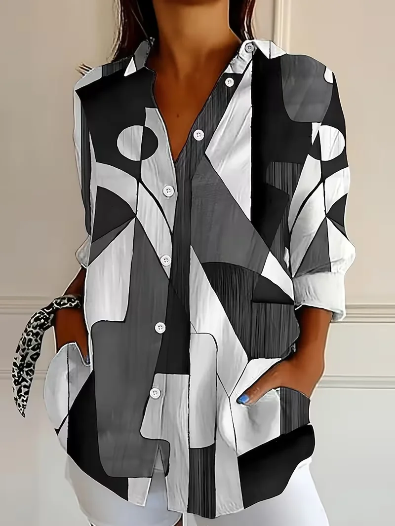 Shirt Collar Regular Sleeve Long Sleeve Abstract Buckle Regular Loose Button Up Shirt Shirt For Women
