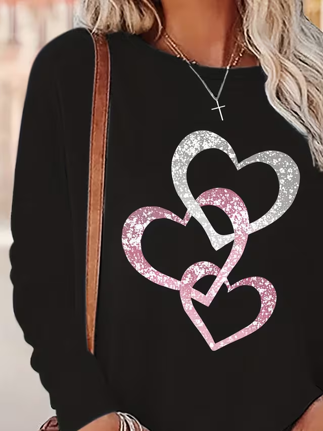 Casual Heart/Cordate Crew Neck Long Sleeve T-shirt