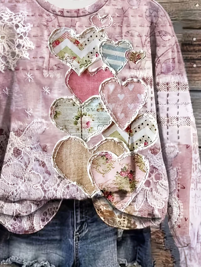 Casual Crew Neck Heart/Cordate Sweatshirt Printing