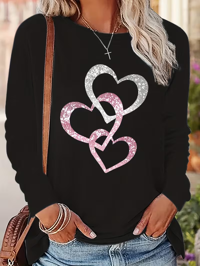 Casual Heart/Cordate Crew Neck Long Sleeve T-shirt