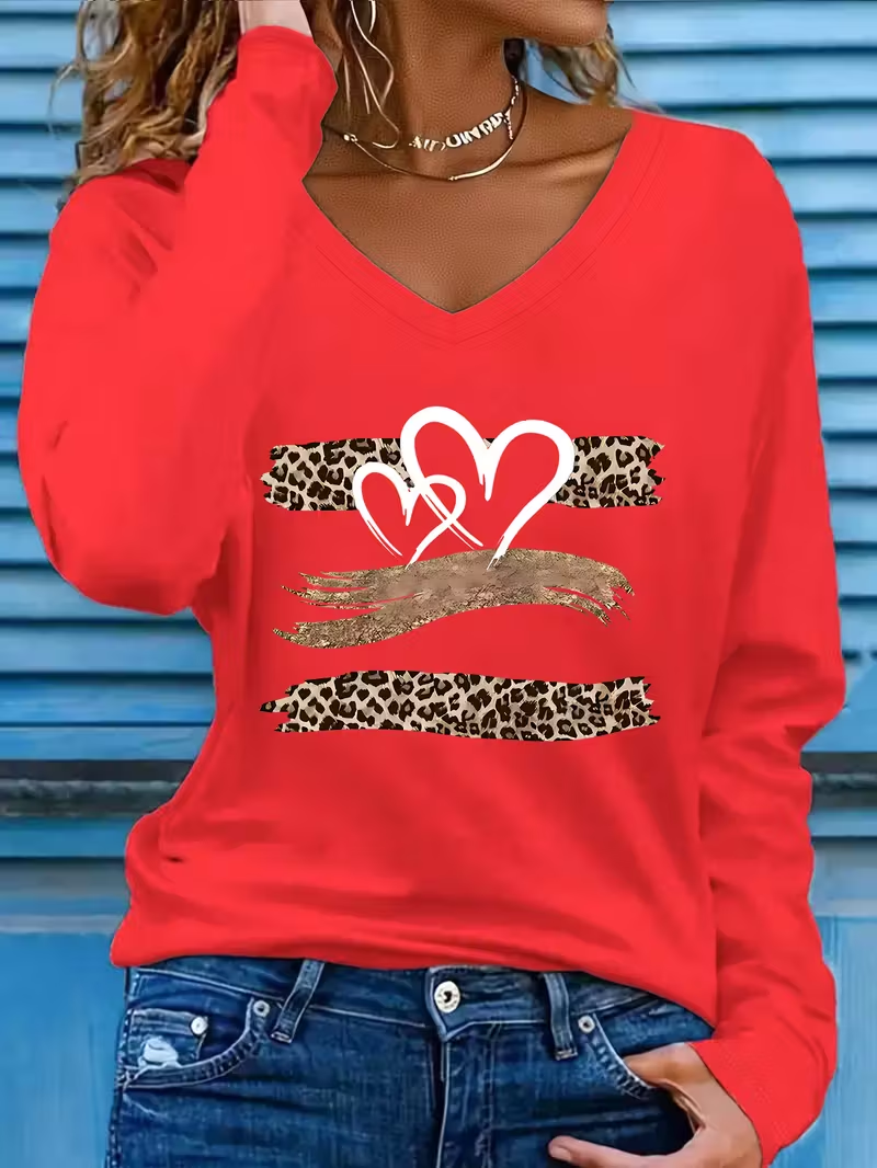 Casual Leopard V Neck Long Sleeve T-shirt