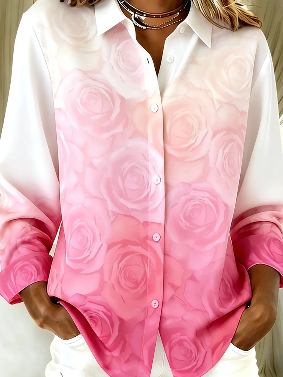 Shirt Collar Long Sleeve Gradient Pattern Regular Loose Shirt For Women