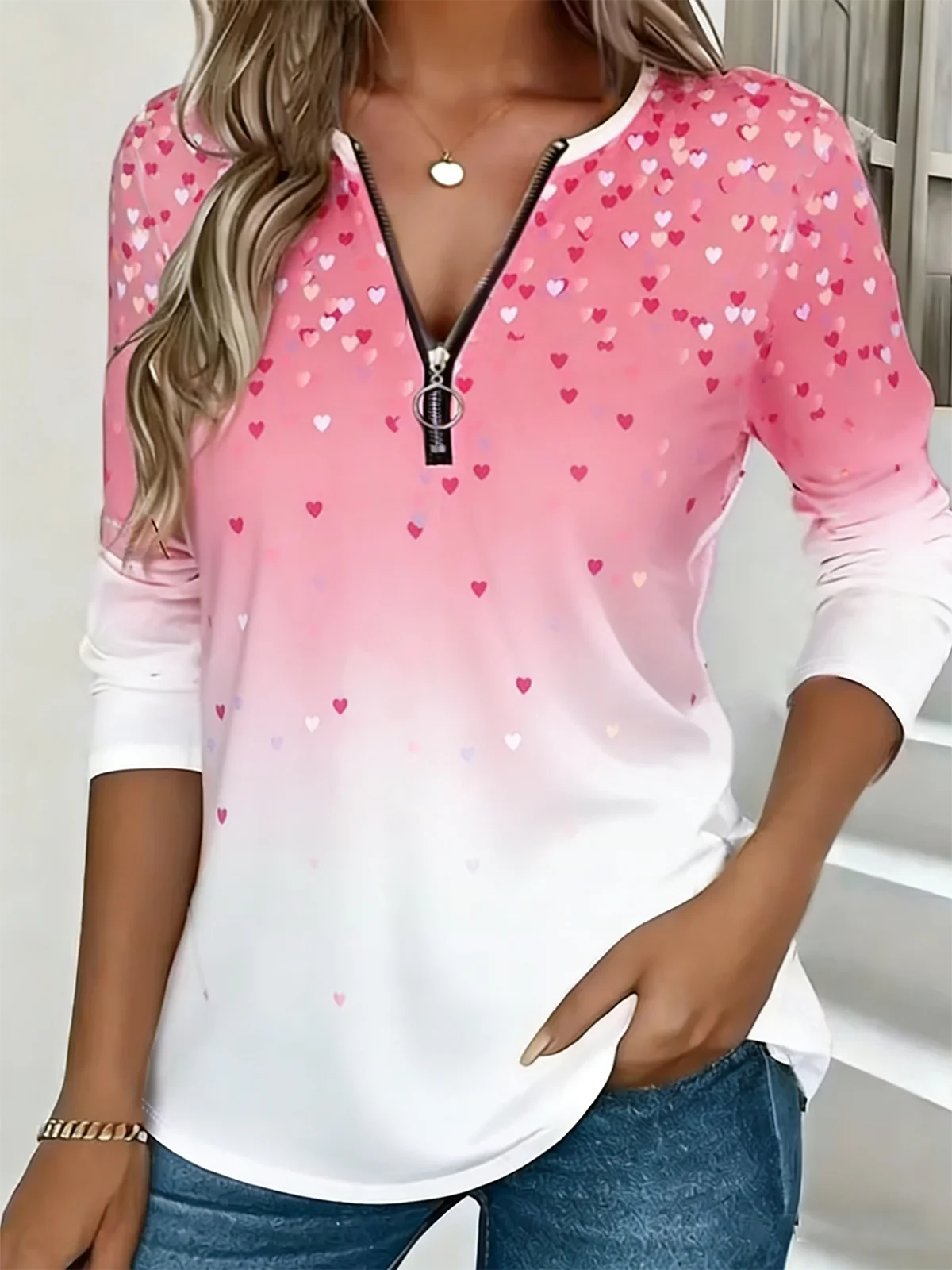 Vintage Gradient Pattern V Neck Long Sleeve T-shirt