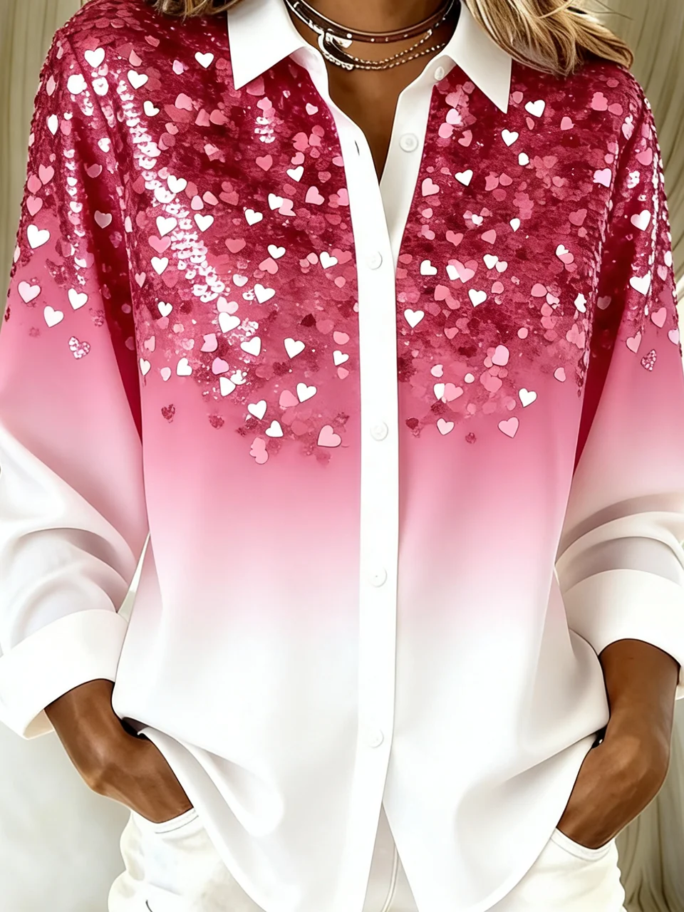 Shirt Collar Long Sleeve Gradient Pattern Regular Loose Shirt For Women