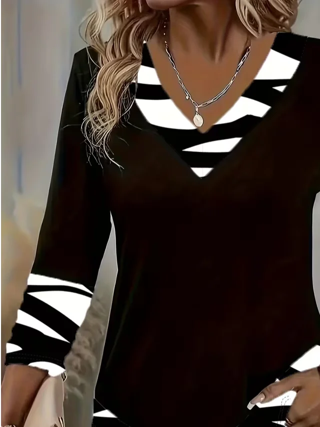 Casual Abstract V Neck Long Sleeve T-shirt