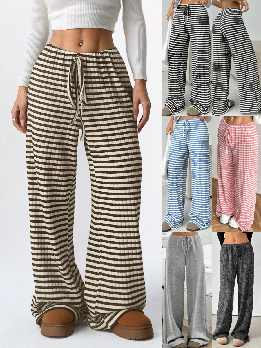 Women Striped Long Elastic Waist Pants Casual Spring/Fall Trousers